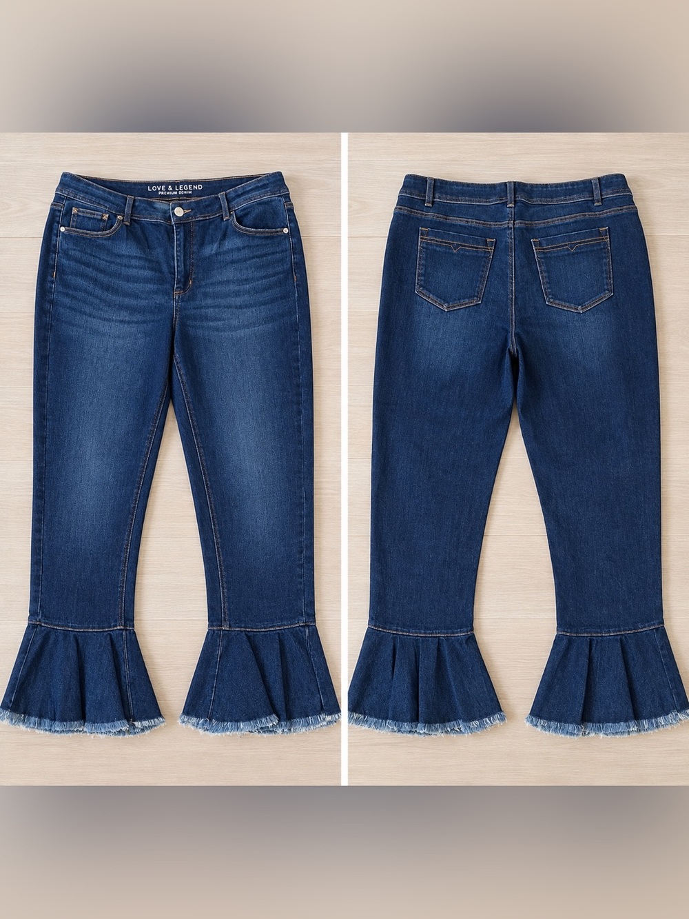Love & Legend Dark Blue Denim Flare Jeans with Ruffled Hem